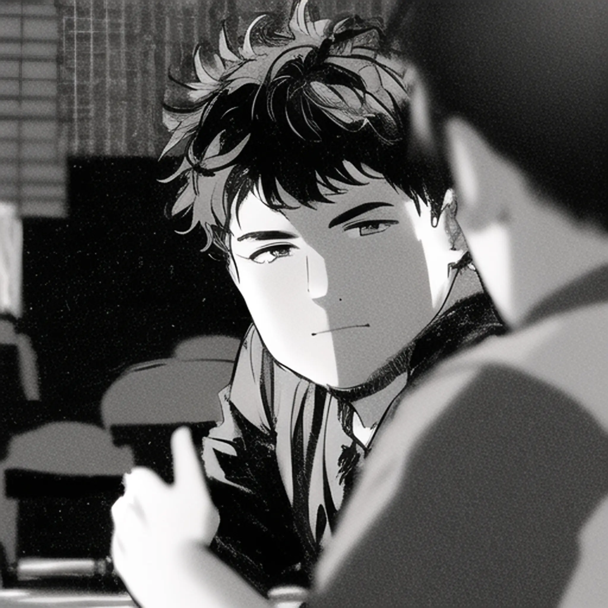 A grayscale manga-style rendition of a me, a heavy-set white male with messy hair, listening to someone is speaking to me. The other person has their back to the camera, is partially out of frame, and is out of focus. This image was generated using img2img the Anything model in Stable Diffusion. The original photo was taken in 2015 by a friend of mine. If you are an artist willing to take a commission to do a better rendition of this in a similar style, please DM me @terribleplan@akkoma.nrd.li